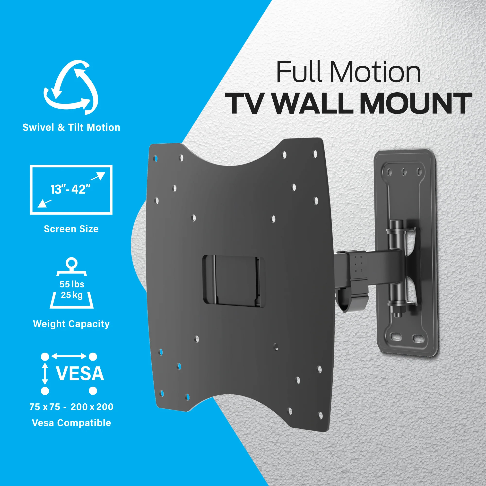Monster Black Full Motion TV Wall Mount for 13"-42" Flat Screens | Swivel, Tilt, Articulating | Max 55 lbs | VESA 200x200 - Image 4