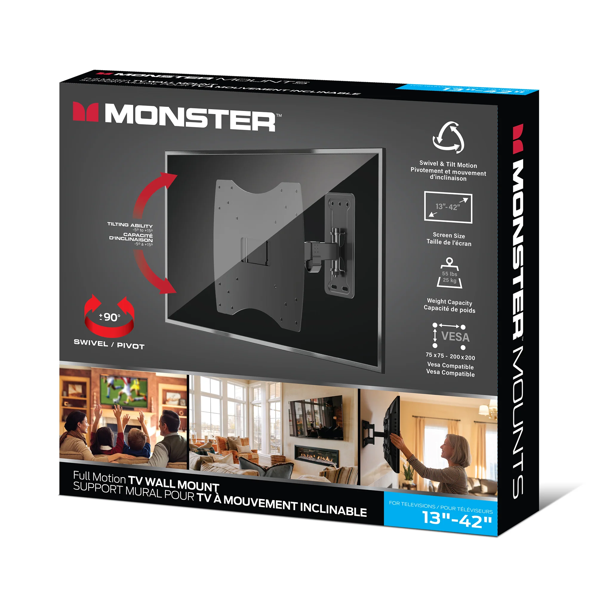 Monster Black Full Motion TV Wall Mount for 13"-42" Flat Screens | Swivel, Tilt, Articulating | Max 55 lbs | VESA 200x200 - Image 8