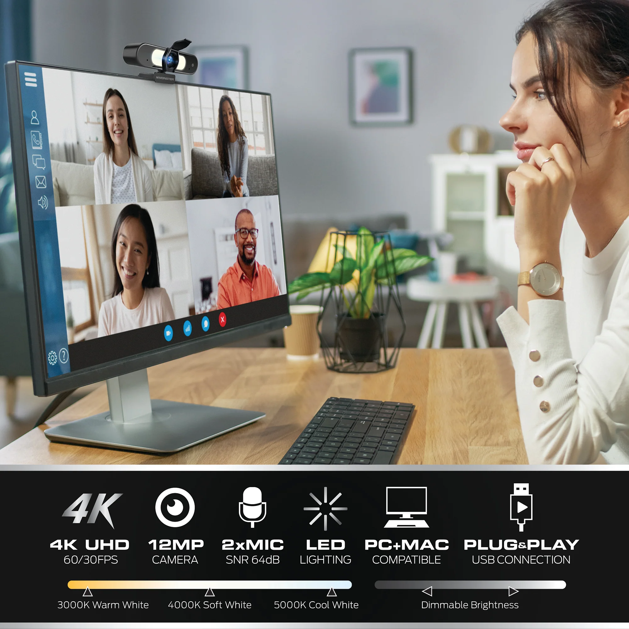 Premium 4K Insight Focus UHD Webcam, Flexible Tripod Included - Image 3