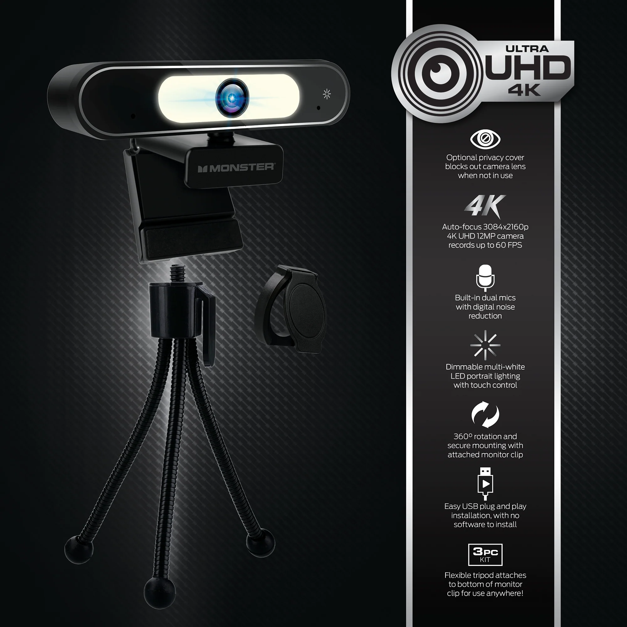 Premium 4K Insight Focus UHD Webcam, Flexible Tripod Included - Image 4