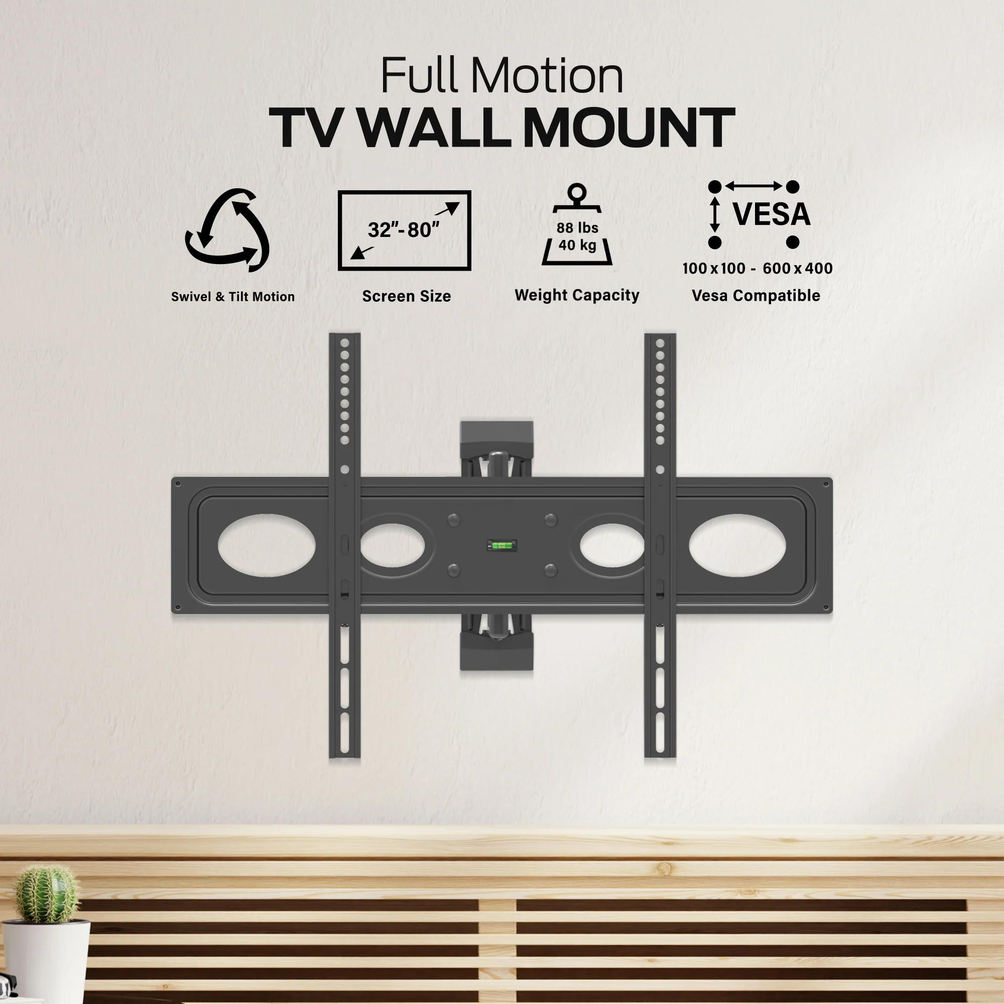 Monster Full Motion TV Mount for 32”-80” TVs up to 88 Lbs., Flat Panel Swivel & Tilt Television Mount - Image 4