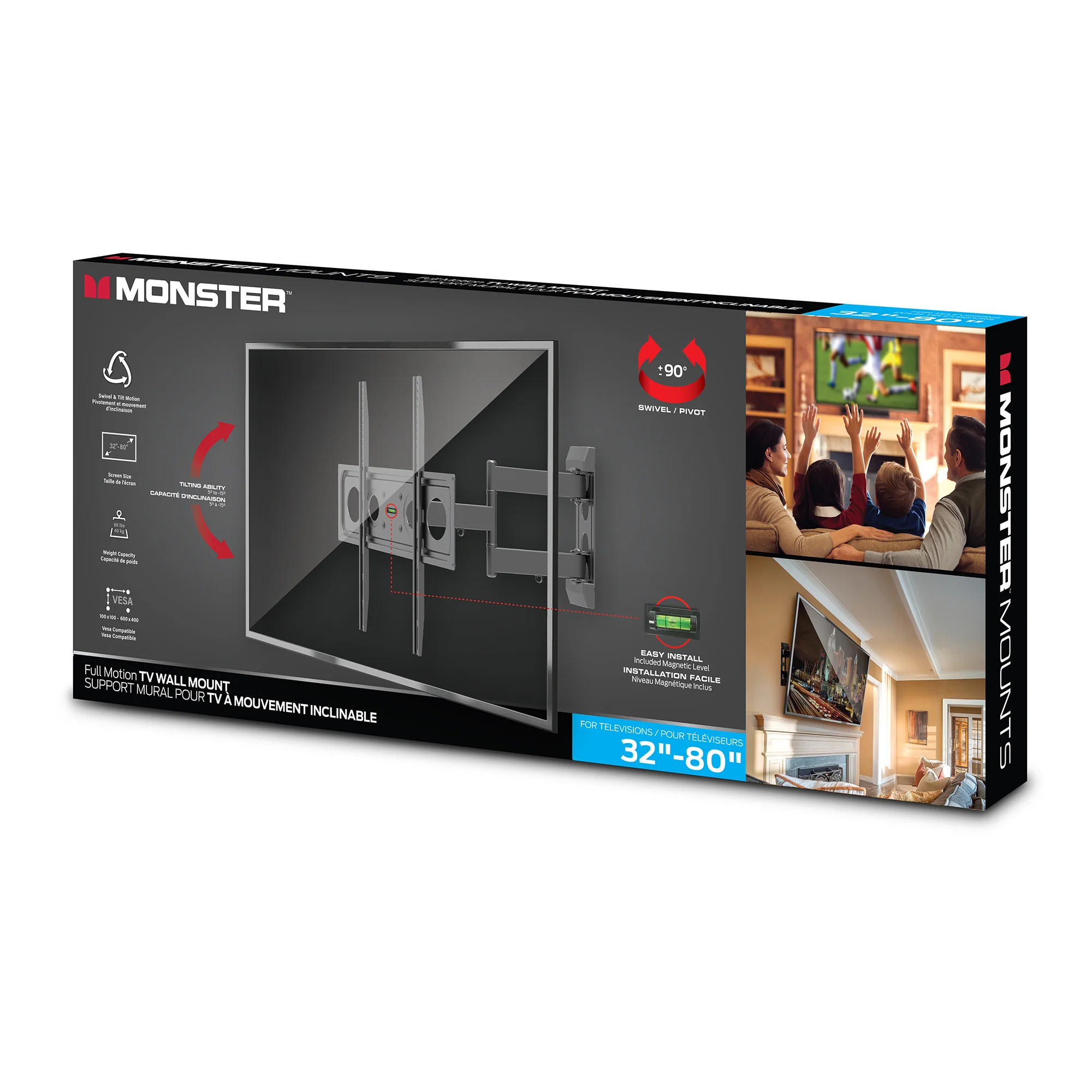 Monster Full Motion TV Mount for 32”-80” TVs up to 88 Lbs., Flat Panel Swivel & Tilt Television Mount - Image 8