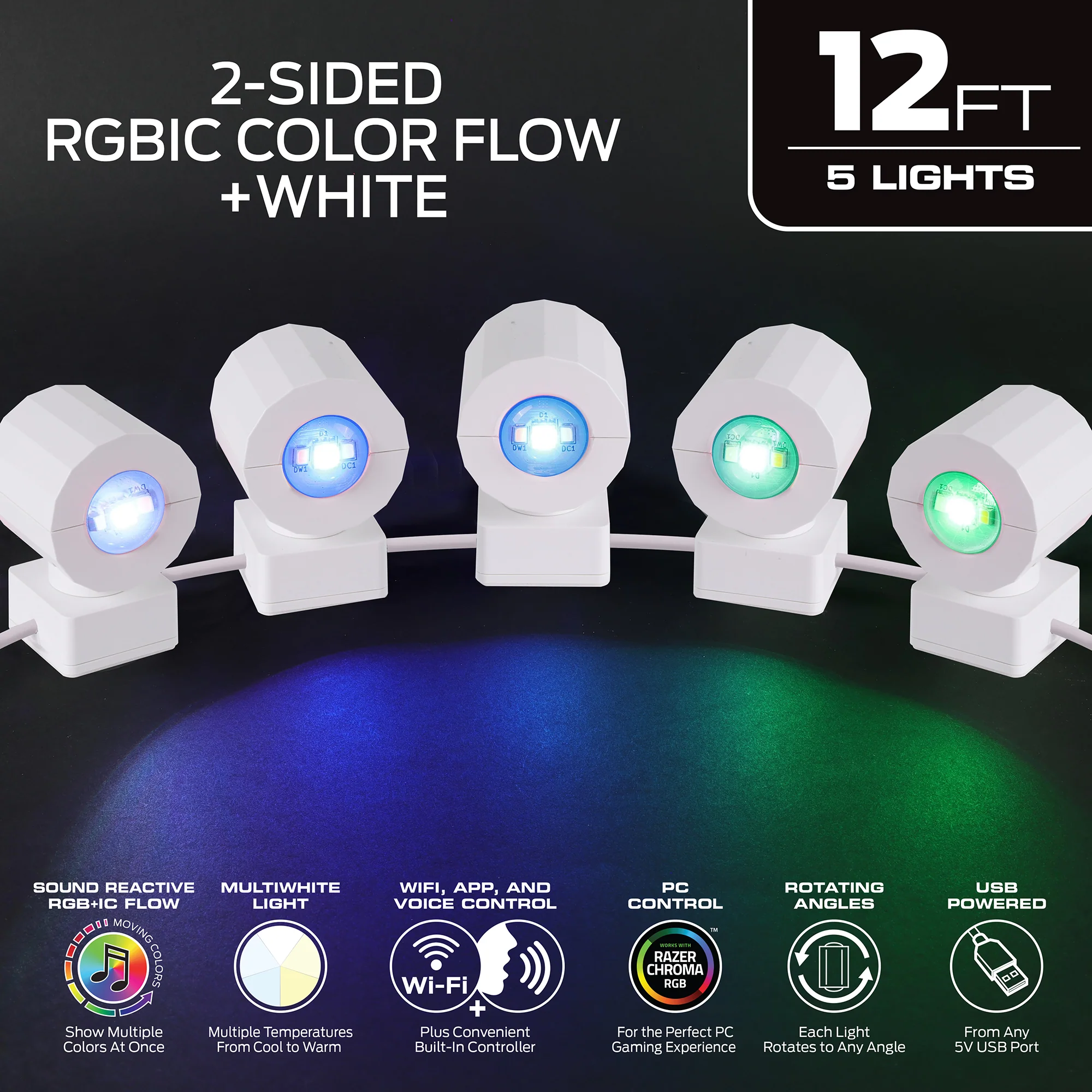 Multi-Position Indoor 12ft 2-Sided Sconce Lights, Wi-Fi & Voice Controlled, Razer Chroma - Image 6
