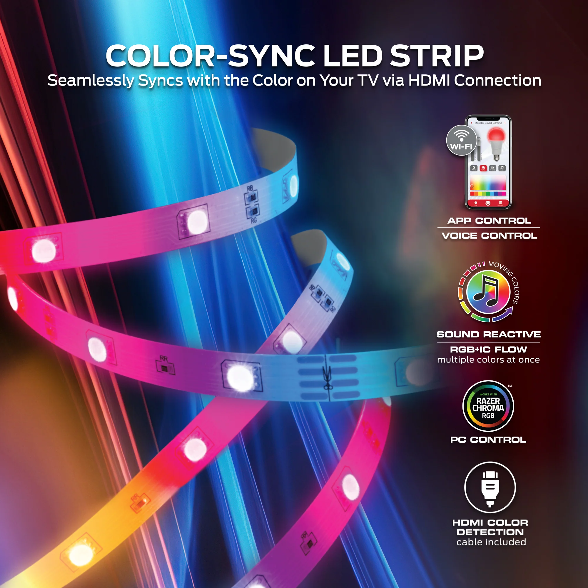 Smart Lighting HDMI Color Sync LED Strip for TVs Up to 85”, Color Flow, Music Mode, App & Voice Control, HDMI Decoder - Image 5