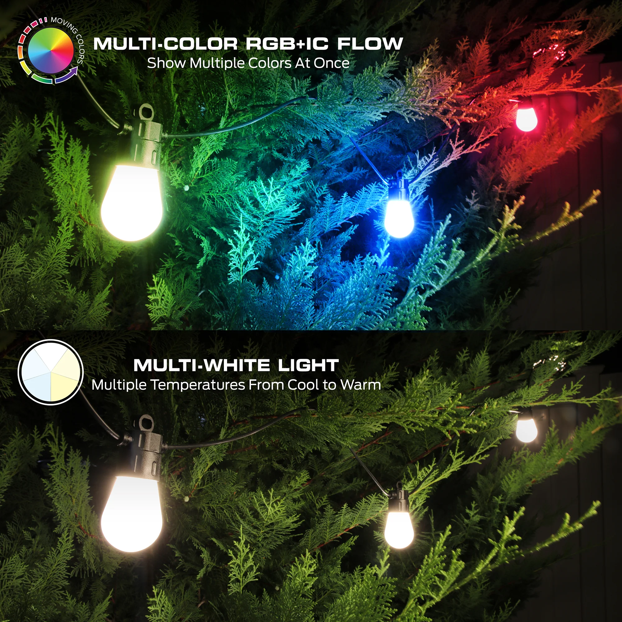 24ft Smart Sound Reactive Outdoor Dimmable LED String Lights, 12 Bulb, IP66 Water & Weather Resistant - Image 3