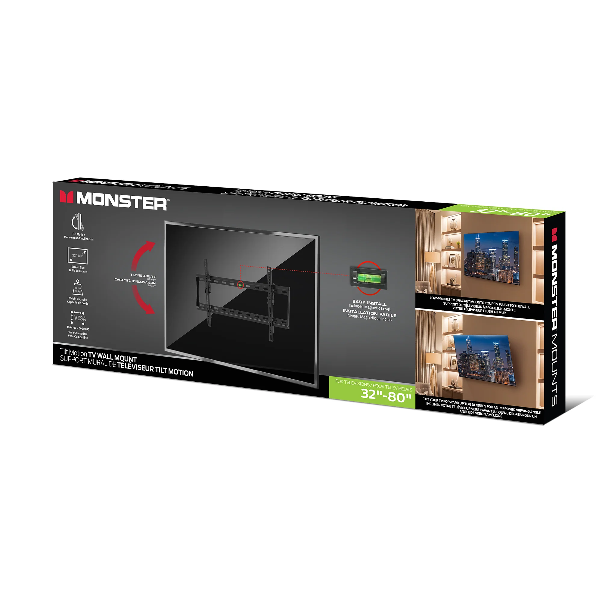 Monster Black Standard Tilt TV Wall Mount for 32" to 80" TVs - 88lb Capacity - Low-Profile 0° to 8° Tilt Adjustment - Includes Magnetic Level - Universal VESA 600x400 Compatible - Image 8